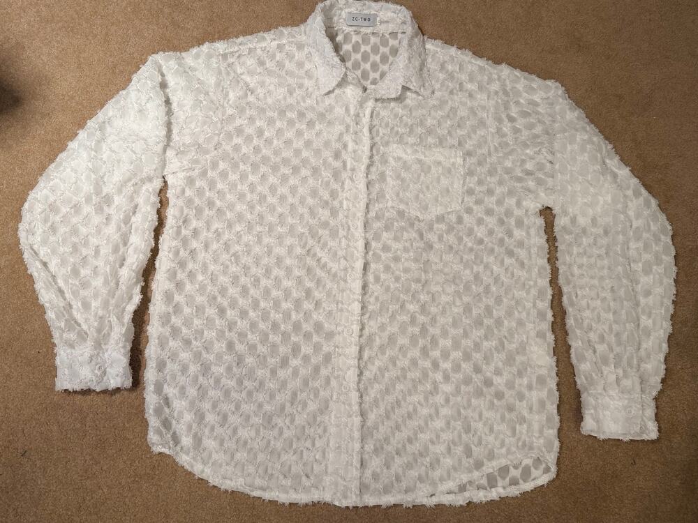 ZC-TWO Women White Long Sleeve Button Down Shirt Blouse Textured Fringe XL
